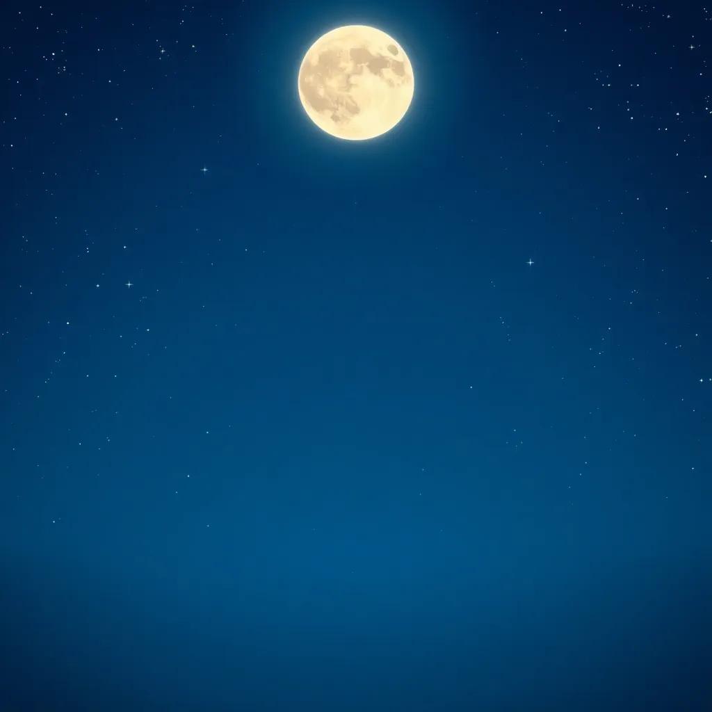 A glowing moon surrounded by stars in a deep blue night sky, soft and peaceful expression, looking up at the sun, detailed digital art, cool colors, serene feel, high quality