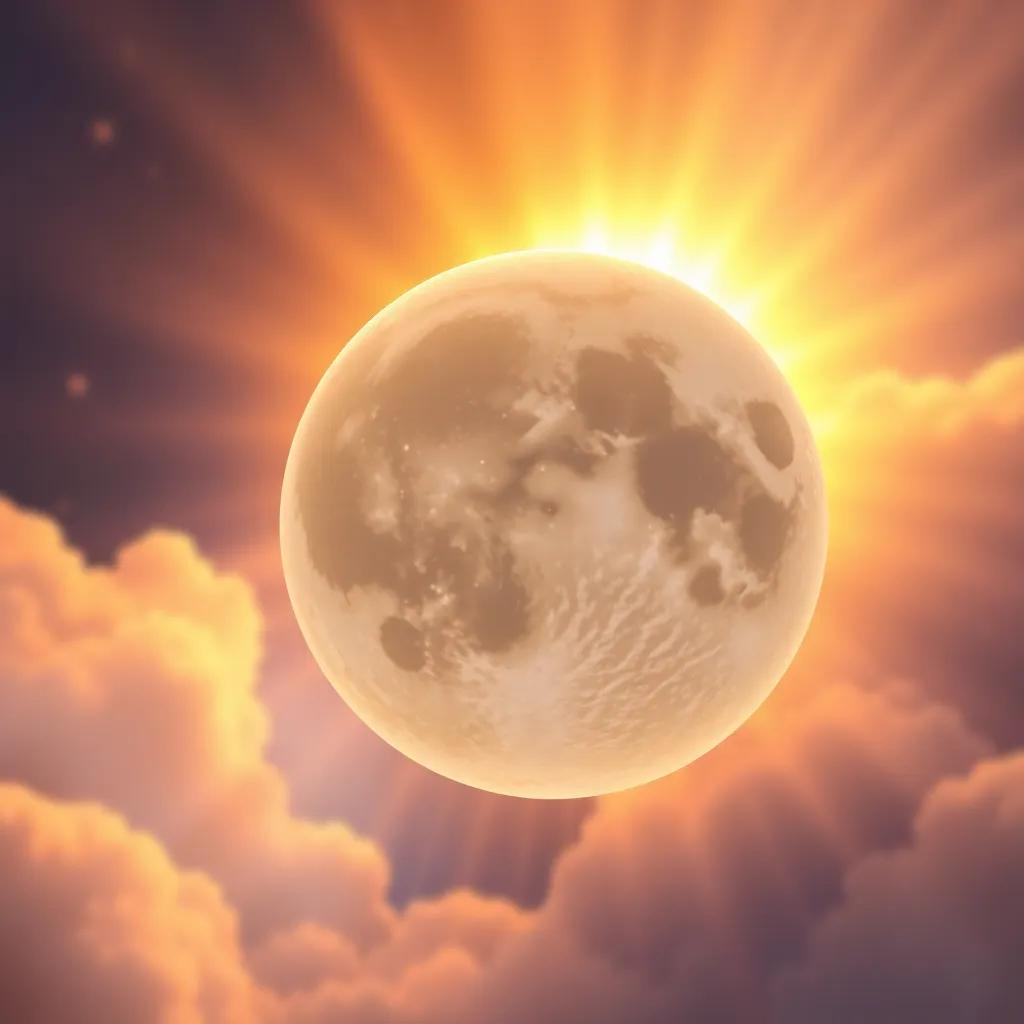 Sun rays wrapping around the moon softly, illuminating the space around, blending warm and cool colors, whimsical scenery, high detail, gentle and friendly look, high quality