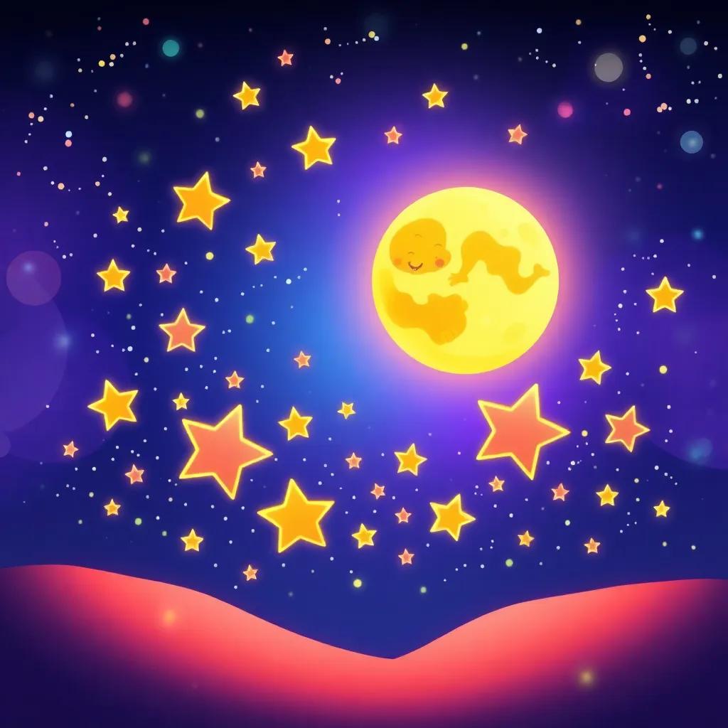 Twinkling stars dancing around the moon and sun, colorful and magical atmosphere, playful scene in the night sky, digital illustration, cheerful style, high quality