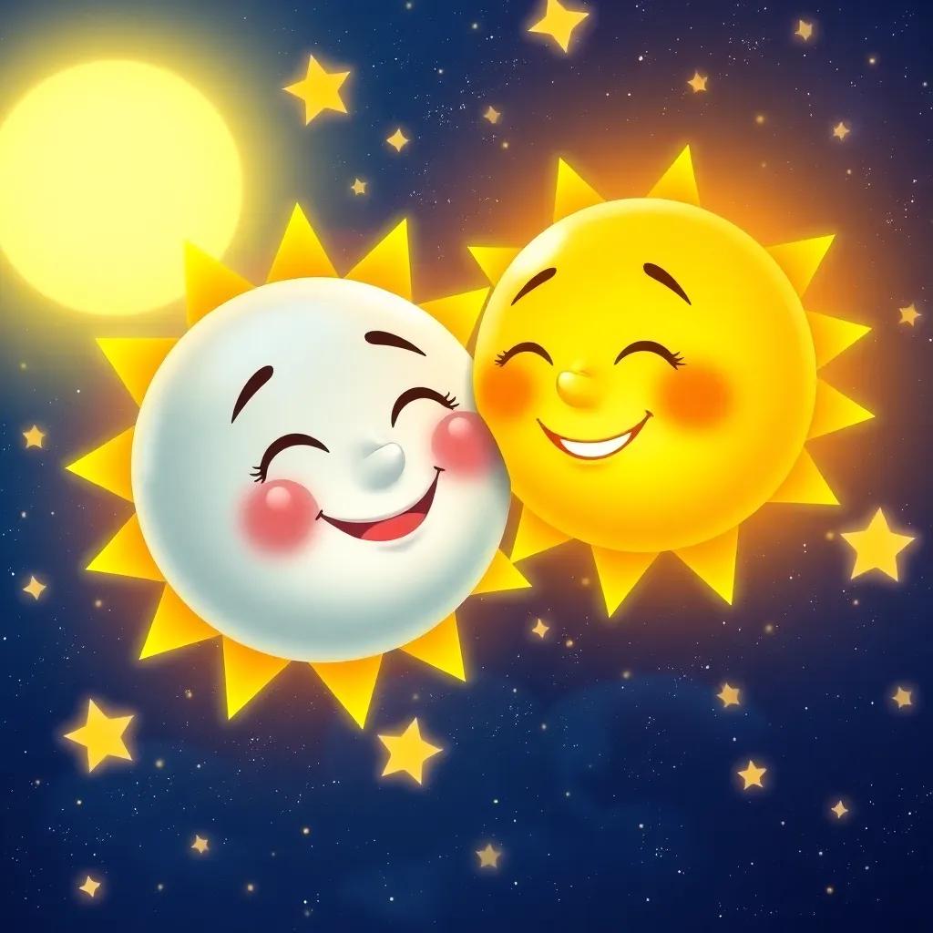 Sun and moon together, smiling and shining, surrounded by bright stars, a wonderful friendship in the starry sky, heartwarming imagery, colorful, high quality