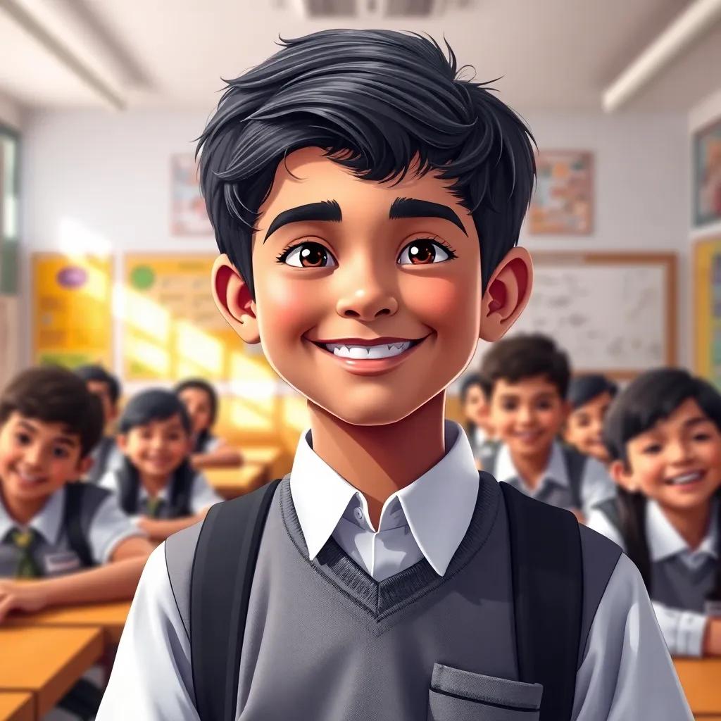 A young Arab boy, Shihab, with short black hair wearing a school uniform, smiling confidently in a vibrant classroom with happy classmates around him, digital art, bright colors, warm atmosphere, cheerful perspective, high quality