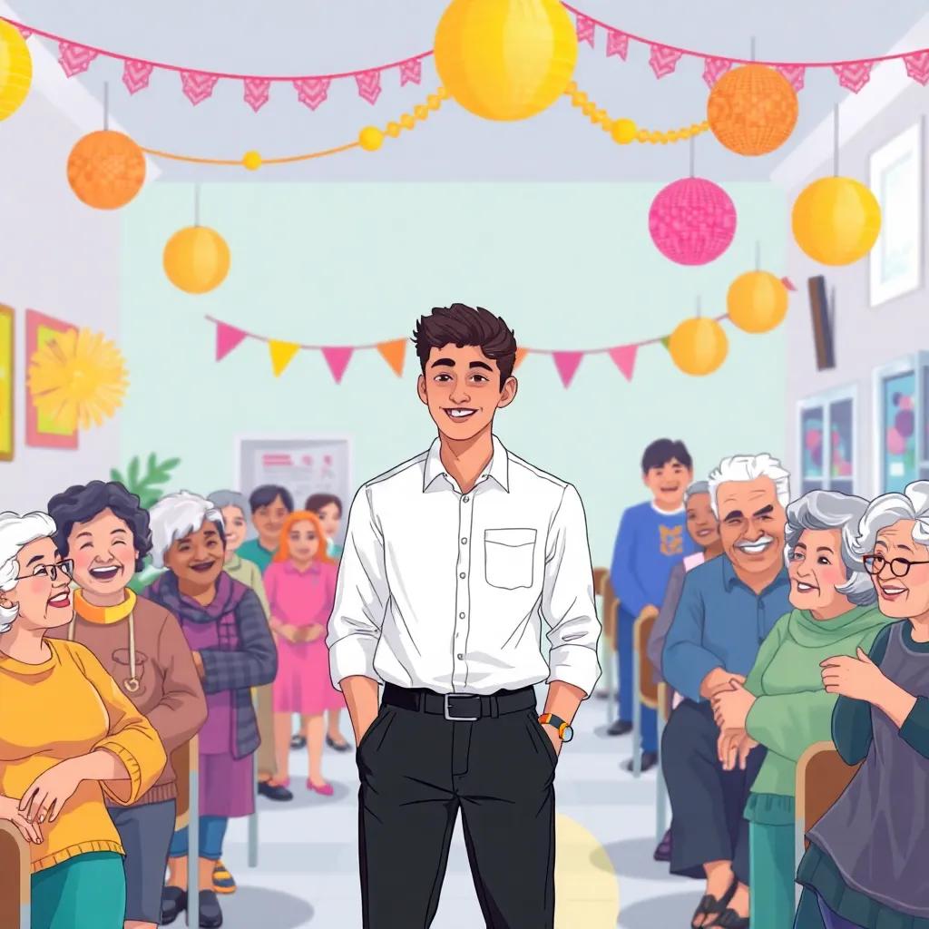 A young Arab man, Shihab, with short black hair wearing a white shirt and black trousers, helping elderly people in a community center, surrounded by joyful faces and colorful decorations, illustration, positive environment, community spirit, high quality