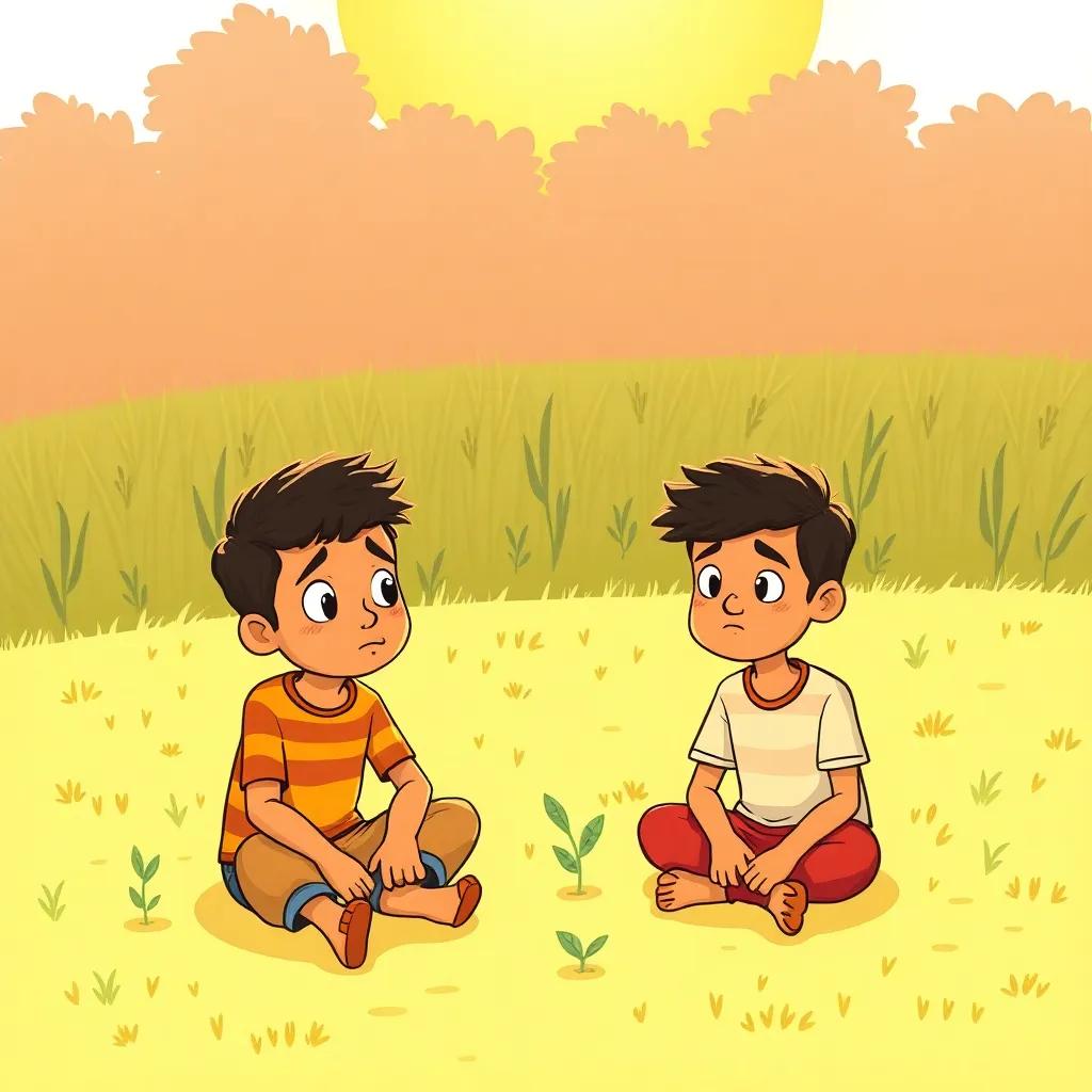 A sunny field where Ahmed and his friend Hassan are sitting on the ground, looking frustrated, with some small plants around them; warm colors, friendly and inviting, illustration, cheerful setting, good for children