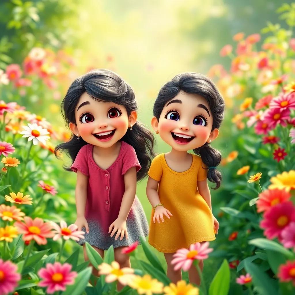 Two cheerful girls, Shahad and Raghad, with bright smiles, playing happily in a green garden filled with flowers, colorful and vibrant, digital art, sunny atmosphere, joyful colors, playful quality, high quality
