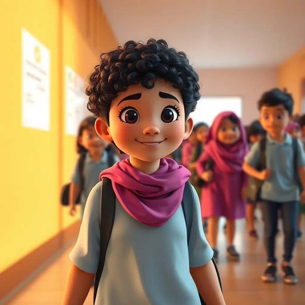 Shahd, a young Arabic girl with short curly hair, leading her classmates calmly towards the exit, showing them the way with determination and a smile, digital art, warm colors, bright and inviting, high quality