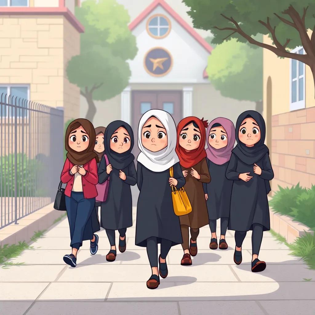 A group of girls following Shahd, a brave Arabic girl, as they walk out of the school in a single file, looking back towards the school with worried expressions, illustration, calm and supportive atmosphere, high quality