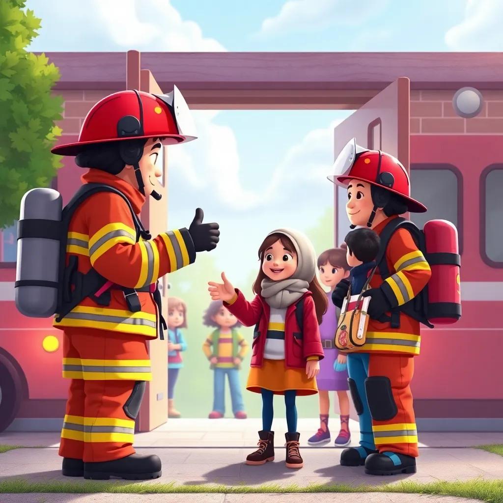 Firefighters arriving at the school, one of them giving a thumbs up to Shahd, who is standing with her friends outside, showcasing teamwork and safety, digital art, vibrant colors, encouraging scene, high quality