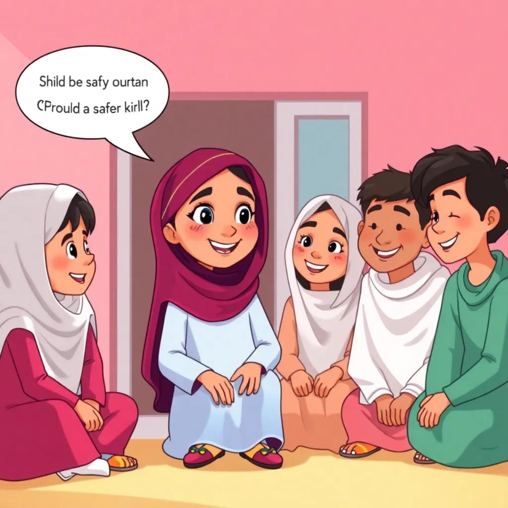 Shahd, a proud Arabic girl, speaking to her friends as they sit safely outside, all smiling with relief after the fire drill, illustration, bright colors, cheerful mood, high quality