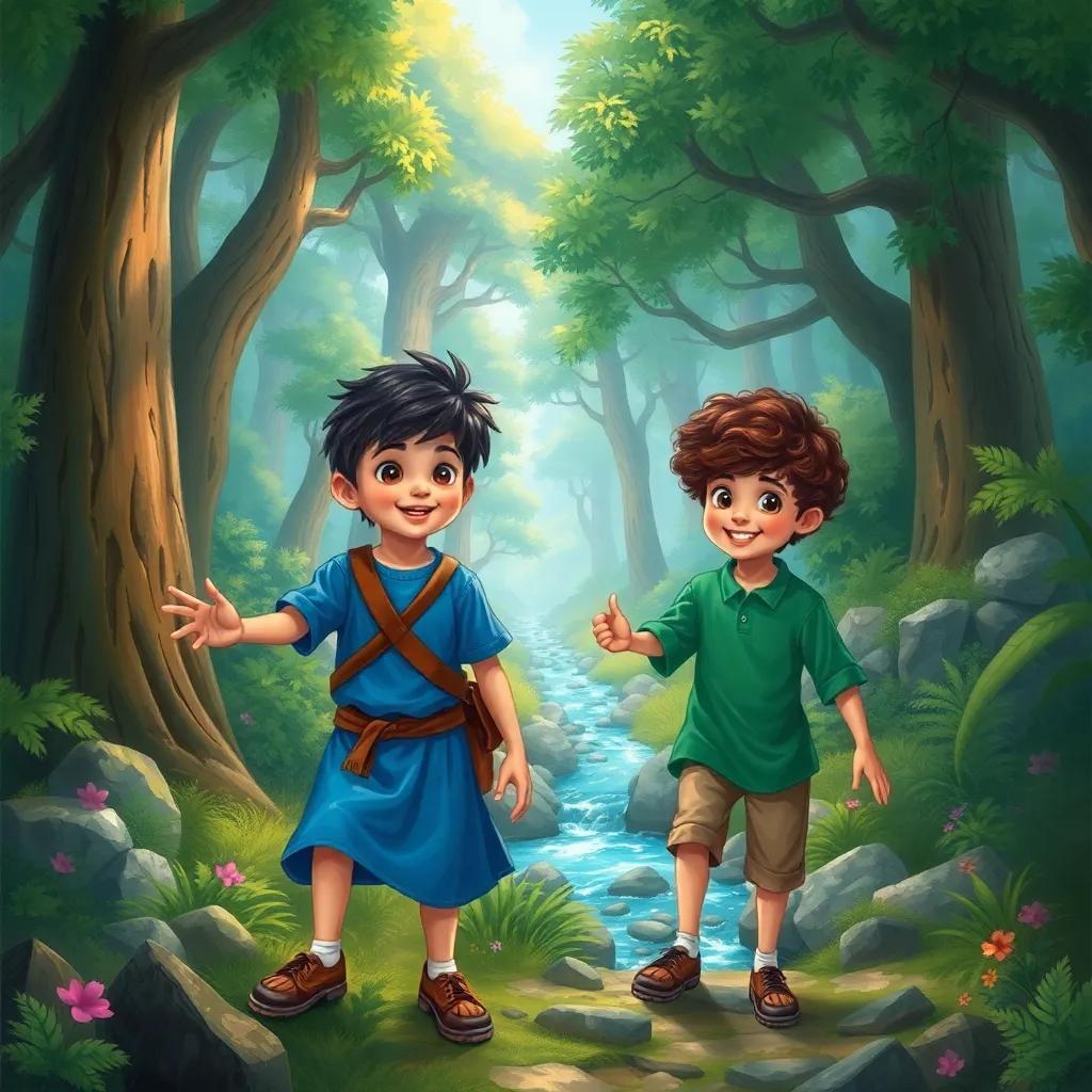 Two brothers, Shuham, a brave boy with dark hair wearing a blue tunic, and Ghayth, a smart boy with curly hair in a green shirt, exploring a lush forest with towering trees and a sparkling stream, vibrant colors, whimsical, enchanting scene, cheerful atmosphere, high quality
