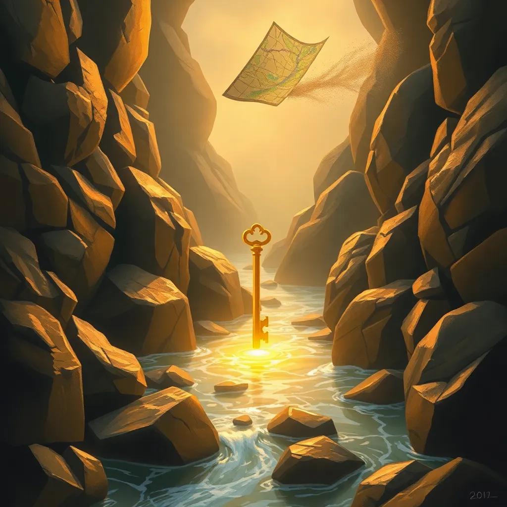 A golden key shining between rocks by a sparkling stream, surrounded by a map flying in the air, magical light, warm tones, inviting atmosphere, digital art, whimsical, high details