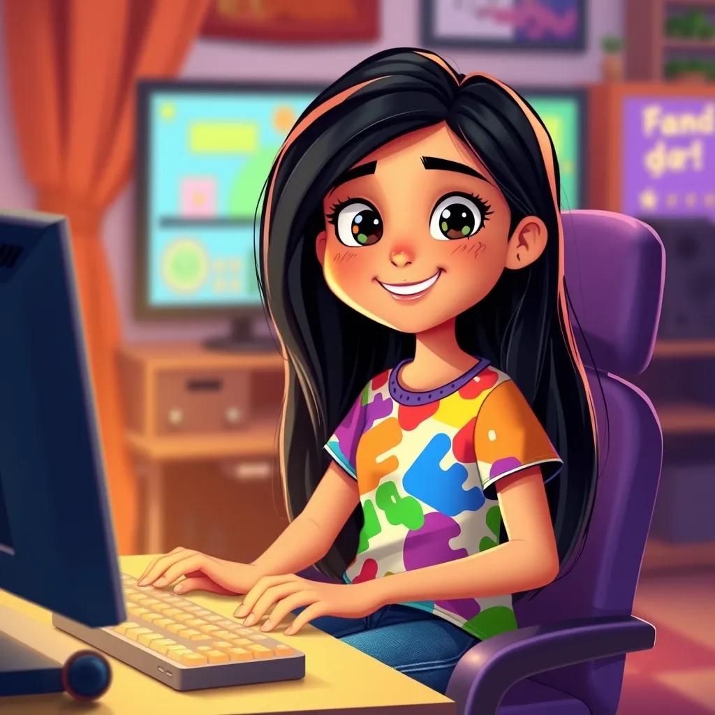 A smart Arab girl, شيخه, with long black hair, wearing a colorful t-shirt and jeans, sitting in front of a computer with happy expressions, playing a video game, digital art, bright colors, playful atmosphere, high quality