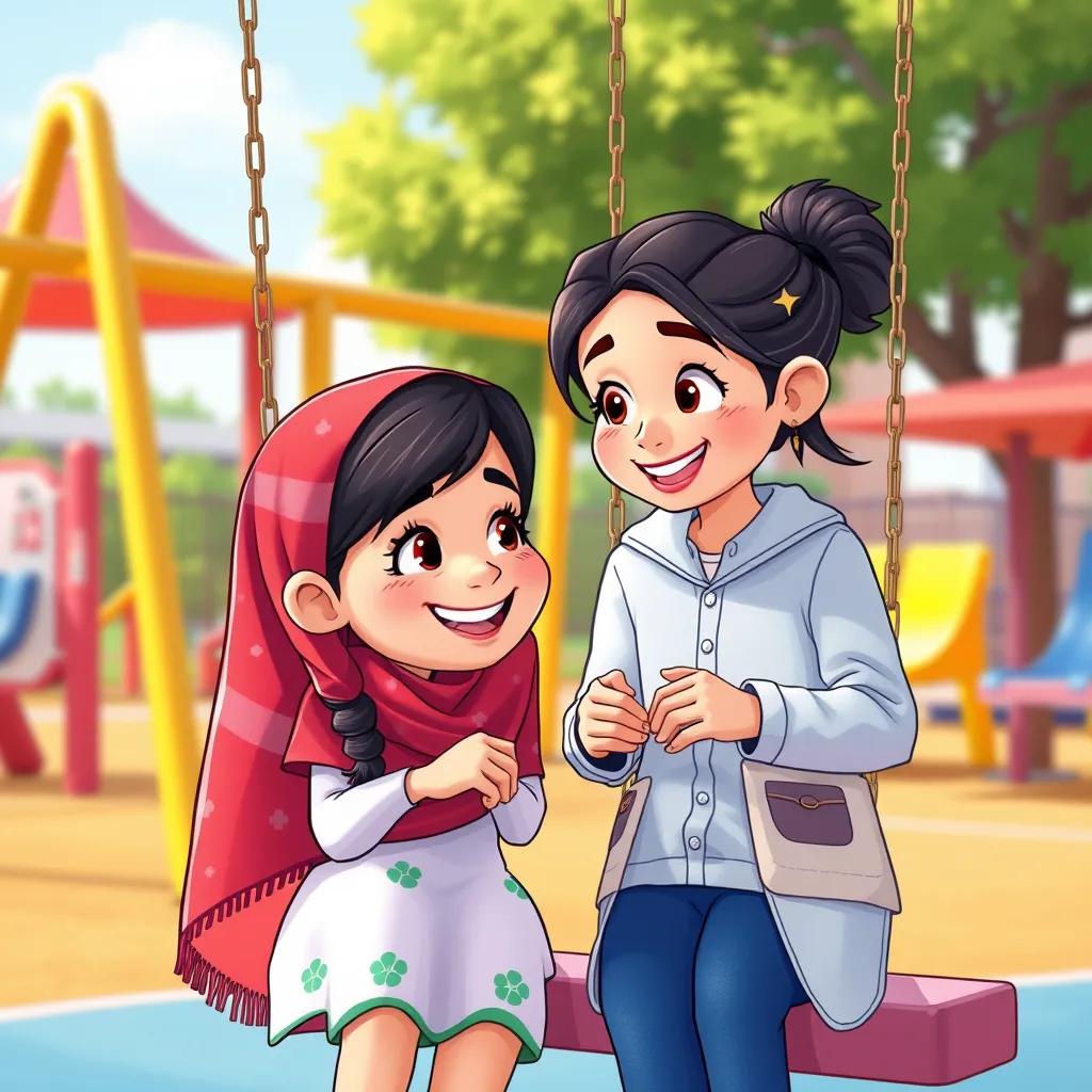 A happy Arab girl, شيخه, smiling with her friend مهرة, both discussing passwords at a colorful playground with swings, digital illustration, cheerful, vibrant colors, high quality