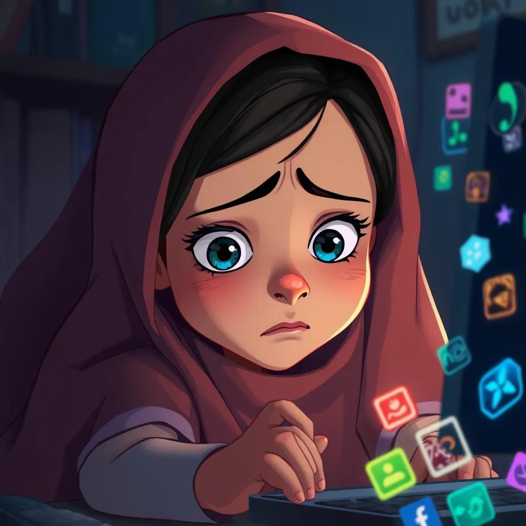 An anxious Arab girl, شيخه, looking at her computer screen with a worried expression, surrounded by colorful game icons, dim room light, illustration, suspenseful atmosphere, high quality