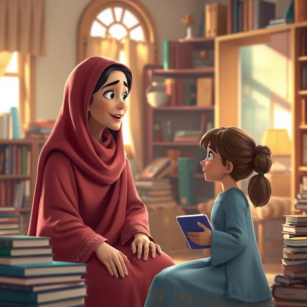 A wise Arab mother, with medium-length hair, wearing a traditional dress, talking to her daughter شيخه in a cozy room filled with books and digital gadgets, digital art, warm light, educational atmosphere, high quality