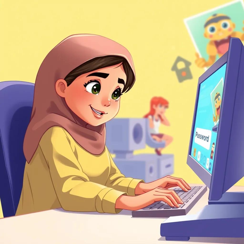 A determined Arab girl, شيخه, typing on her computer with a strong expression, showcasing her new password on the screen, bright background with animated game characters, digital illustration, uplifting, high quality