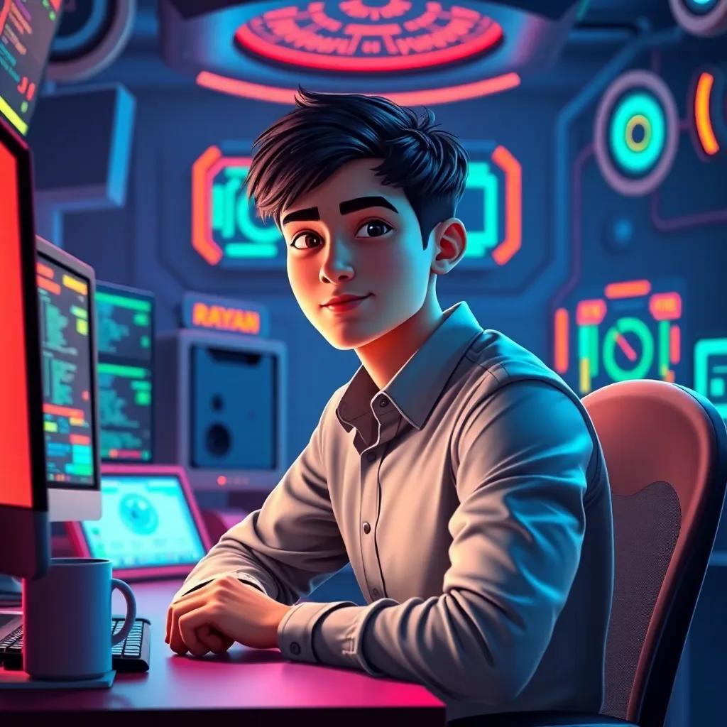 A young male programmer, Rayan, with short black hair, wearing a smart casual shirt, sitting at a futuristic computer desk surrounded by glowing screens and coffee mugs, digital art, bright colors, techy atmosphere, high quality