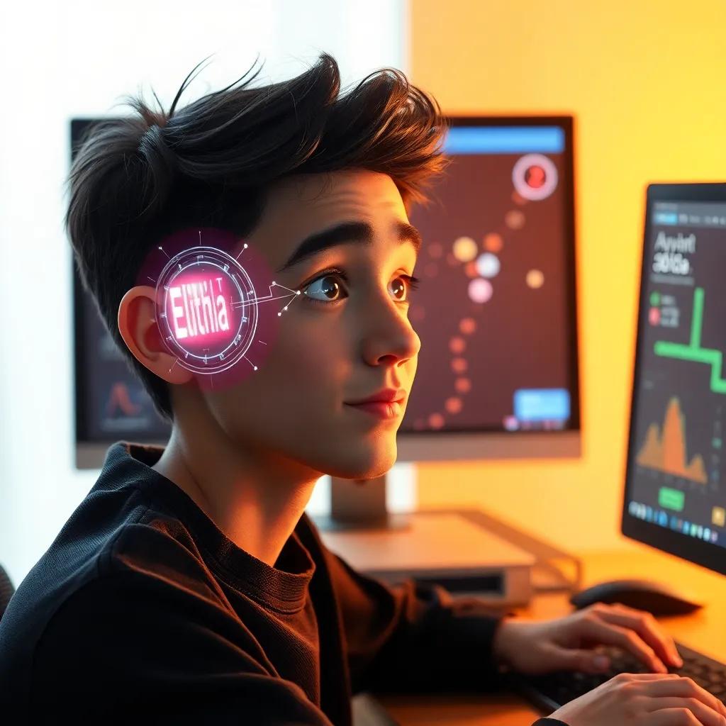 Rayan at his computer, with a cool AI program, named Elithia, appearing on the screen in holographic form, lively colors, bright light, curious exploration, high quality