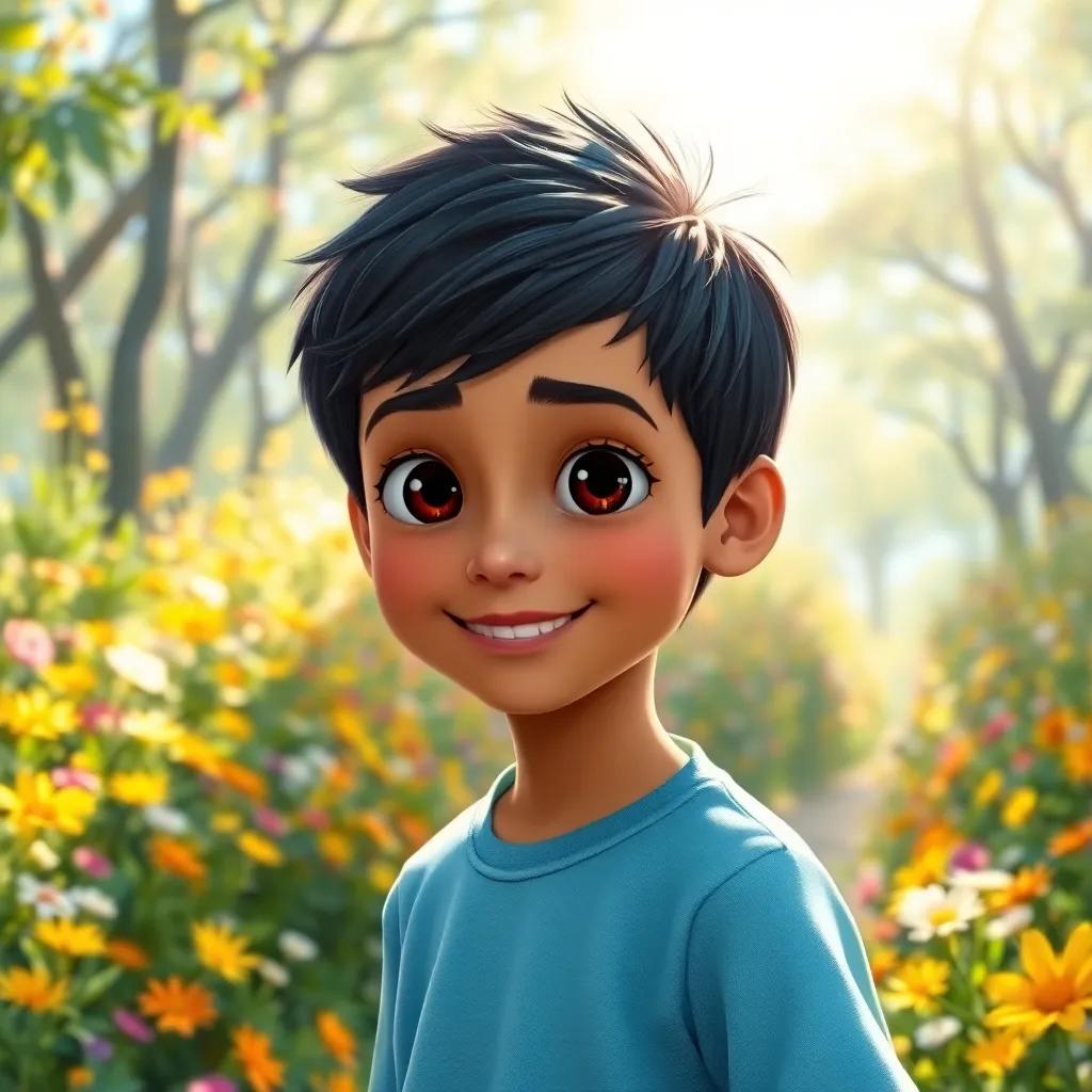 A young Arab boy, Saber, with short black hair, wearing a light blue shirt, exploring a sunny forest filled with colorful flowers, bright sunlight filtering through trees, cheerful atmosphere, digital art, inviting scenery, high quality