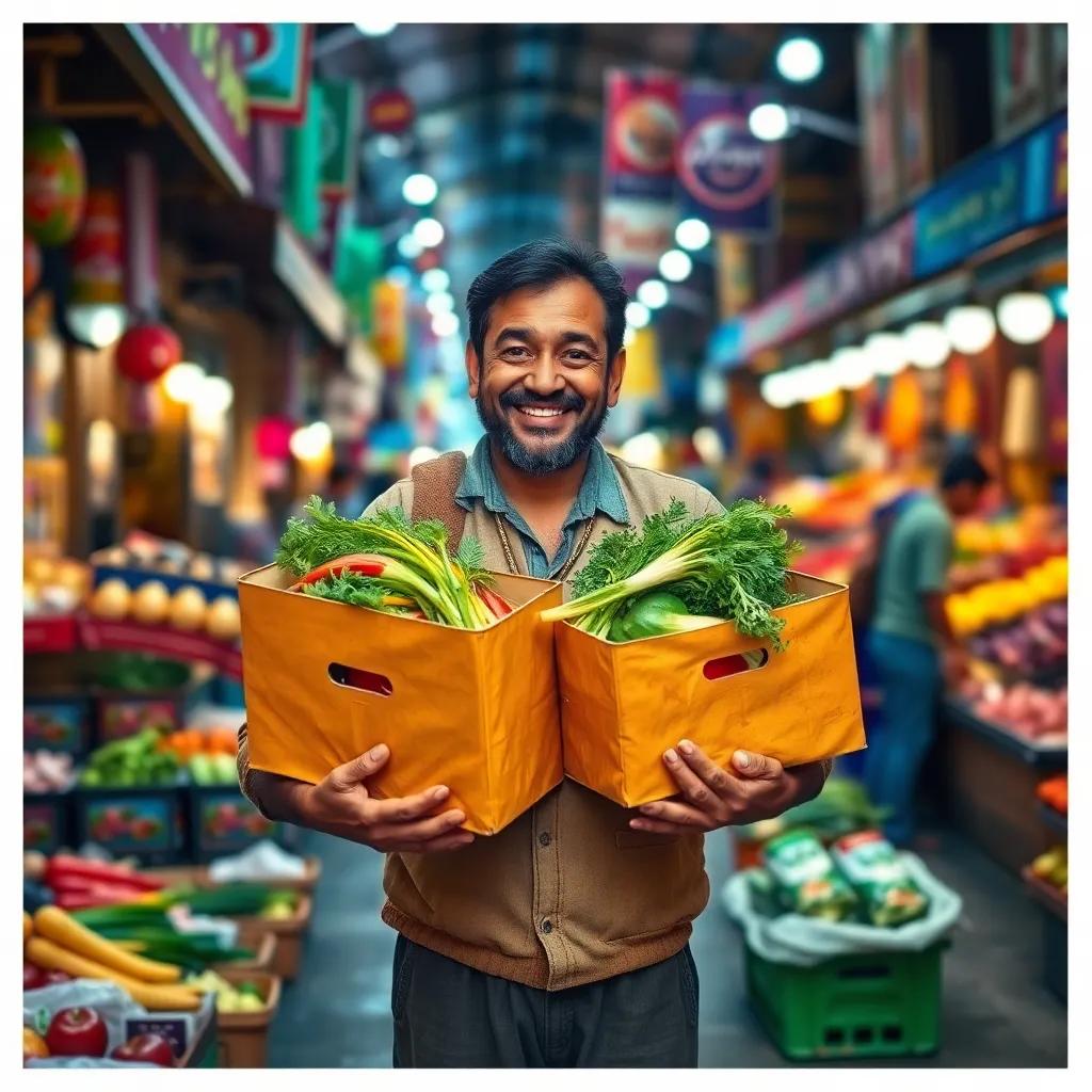 A poor but cheerful man named Saber, carrying heavy boxes of vegetables in a bustling market, surrounded by colorful stalls and bright lights, digital art, vibrant, warm atmosphere, high quality
