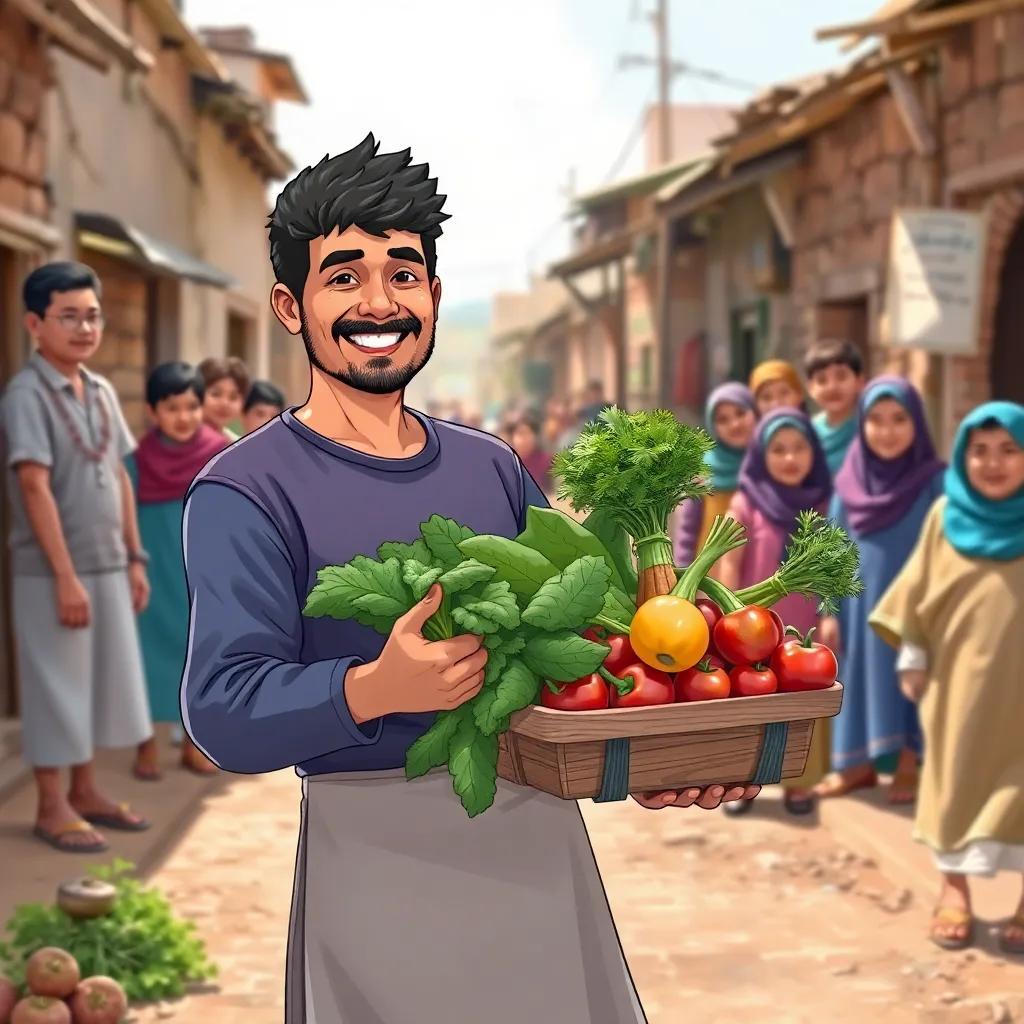 Saber, smiling with determination, holding fresh vegetables gathered in a small cart, standing in a poor neighborhood with warm-hearted people around him, illustration, bright colors, uplifting scene, community-focused