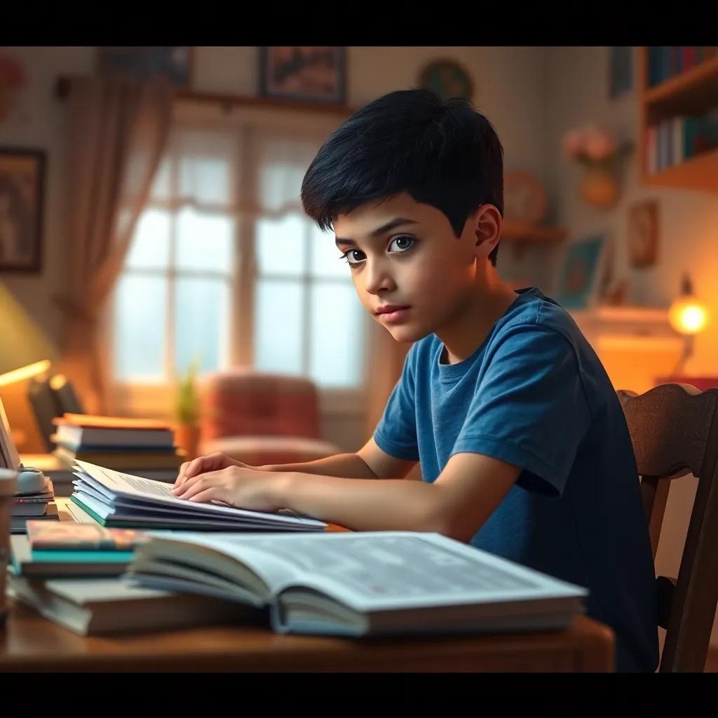 A 9-year-old Arab boy, صالح, with short black hair, wearing a blue t-shirt and jeans, studying at a desk filled with books and papers in a cozy room with warm lighting and a focused expression, digital art, inviting atmosphere, high quality