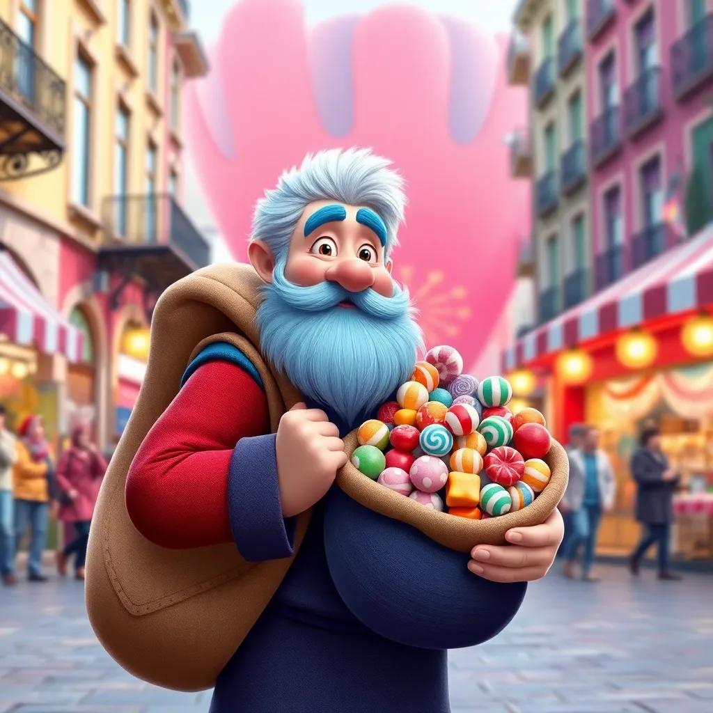 A candy maker with a blue beard and snowy white hair, carrying a large bag full of colorful sweets, standing in a vibrant city square, digital art, cheerful, colorful atmosphere, high quality