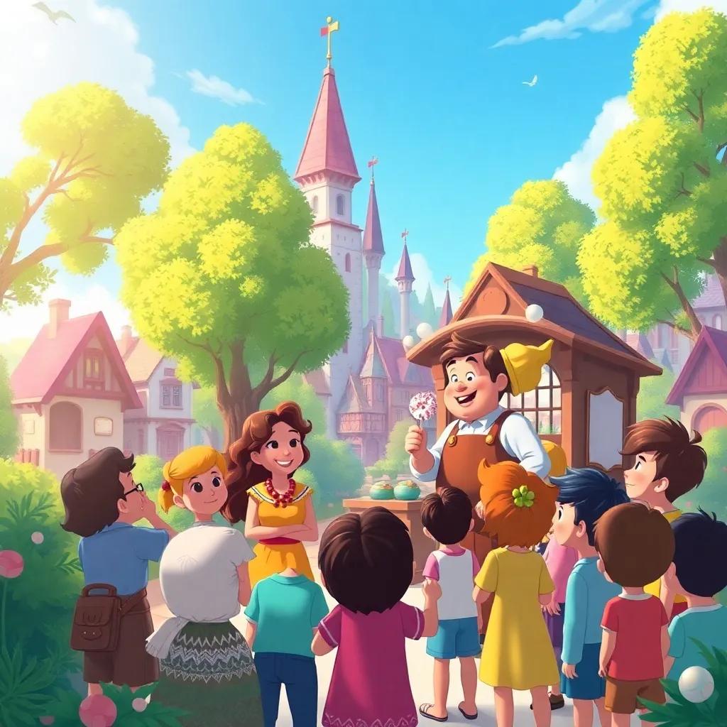 An enchanting city with green trees and a blue sky, children gathering around the candy maker eagerly watching him make sweets, illustration, joyful, warm light, high quality