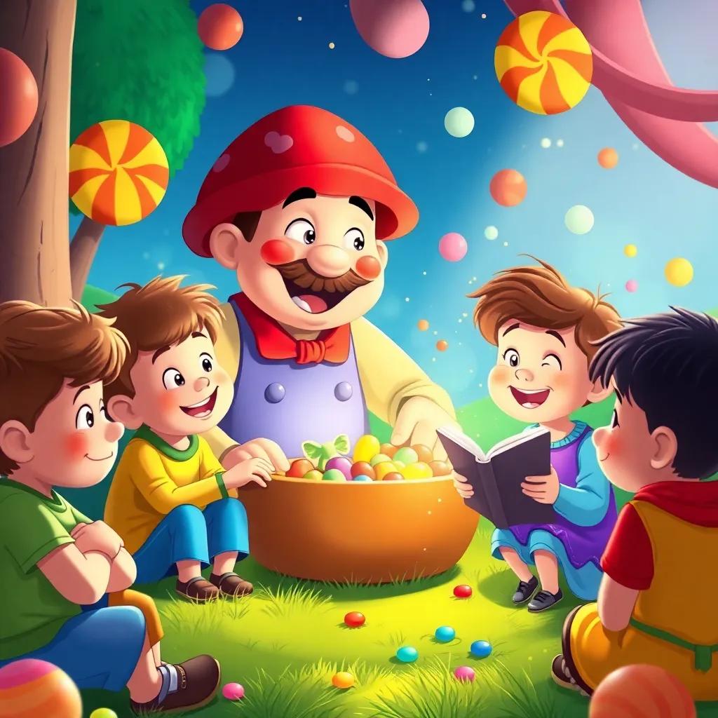 Children listening eagerly to the candy maker telling stories about a magical land full of colors and happiness, smiling faces, digital painting, uplifting, child-friendly, high quality