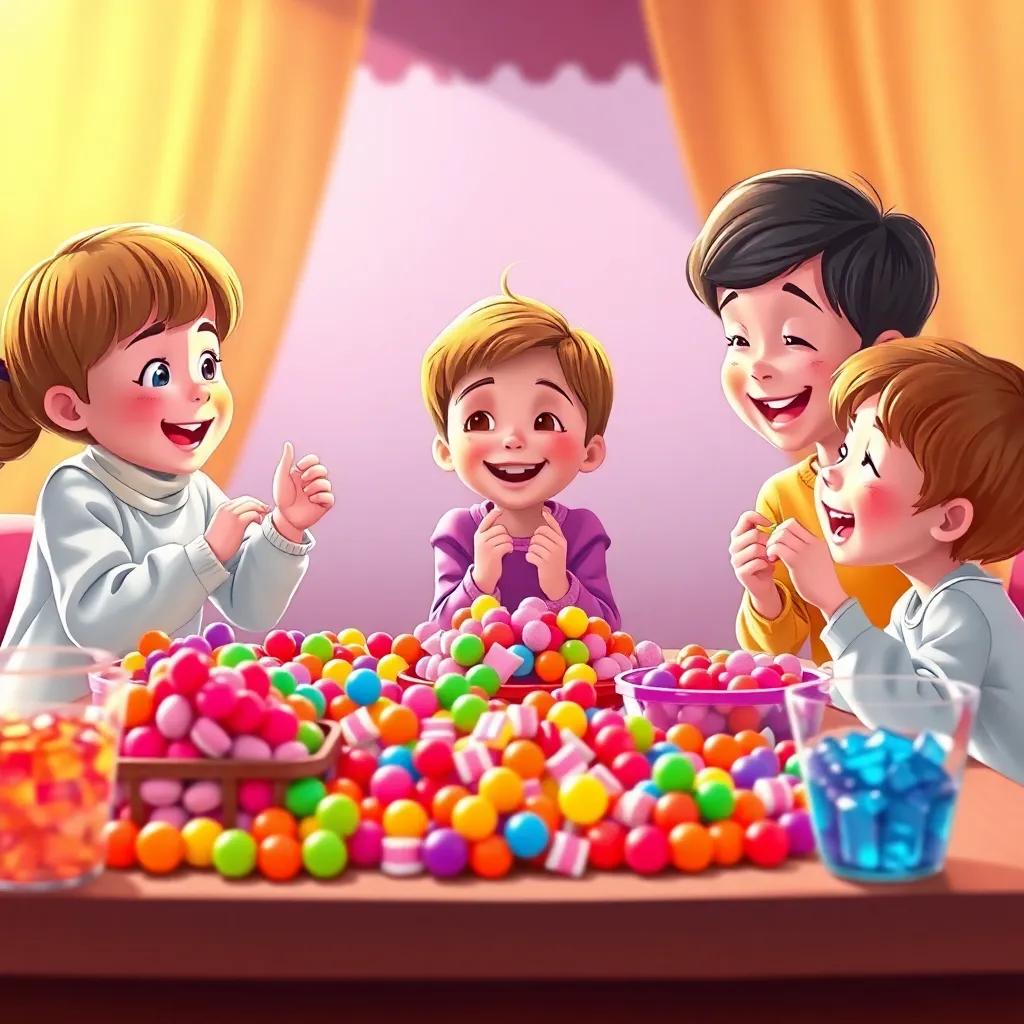 Brightly colored candies displayed on a table, children enjoying the sweet treats with laughter and songs, a heartwarming scene, warm light, vibrant colors, illustration, high quality