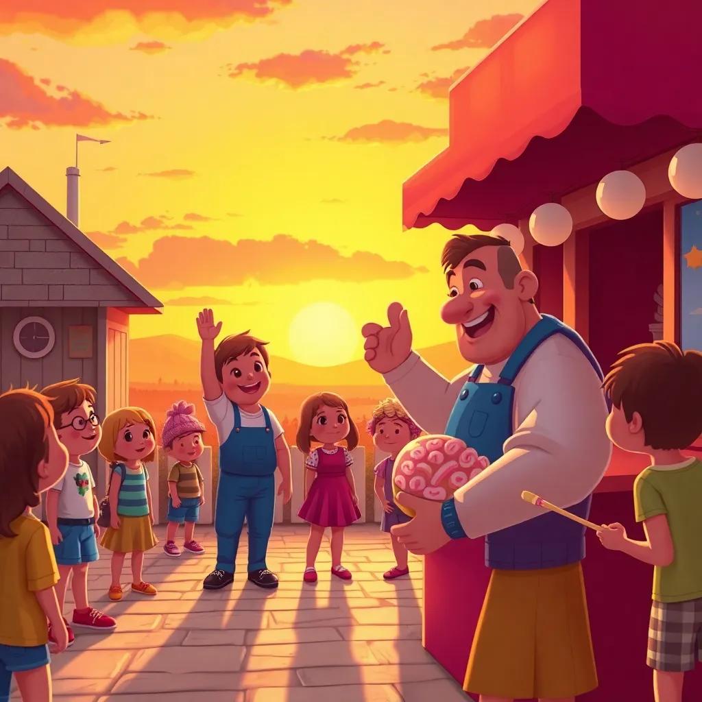 The candy maker waving goodbye to the children who are smiling and asking for more sweets, a beautiful sunset in the background making a lovely scene, digital art, nostalgic, warm colors, high quality
