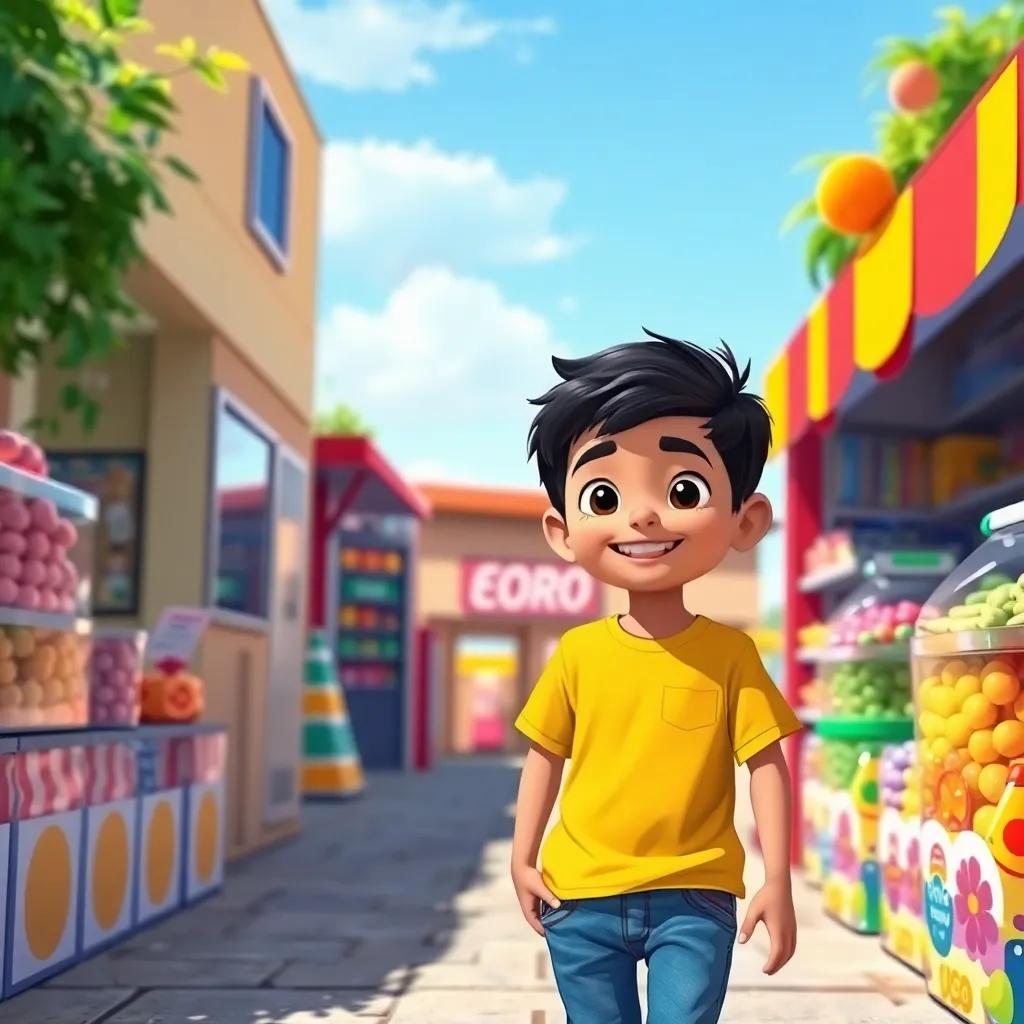A young Arab boy, Khaled, with short black hair, wearing a bright t-shirt and jeans, smiling as he walks toward a small grocery store filled with colorful candies, sunny day, cheerful atmosphere, vibrant colors, child-friendly art, digital illustration, high quality.