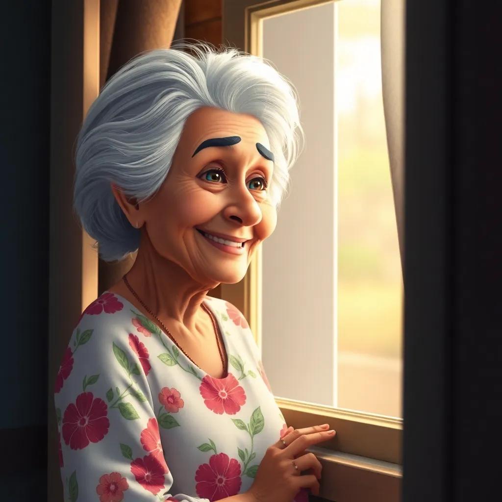 An elderly Arab woman, Khaled's grandmother, with silver hair wearing a floral dress, smiling by the window of her cozy home, looking eagerly for her grandson, cheerful light, welcoming colors, heartwarming scene, digital painting, uplifting vibe, high detail.