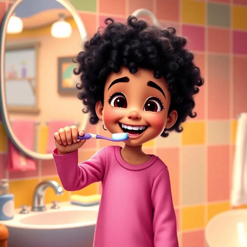 A lively six-year-old girl, Salma, with curly black hair, wearing a pink pajamas, brushing her teeth joyfully in a colorful bathroom with a bright mirror, cheerful atmosphere, digital art, vibrant colors, warm light, detail focus, high quality