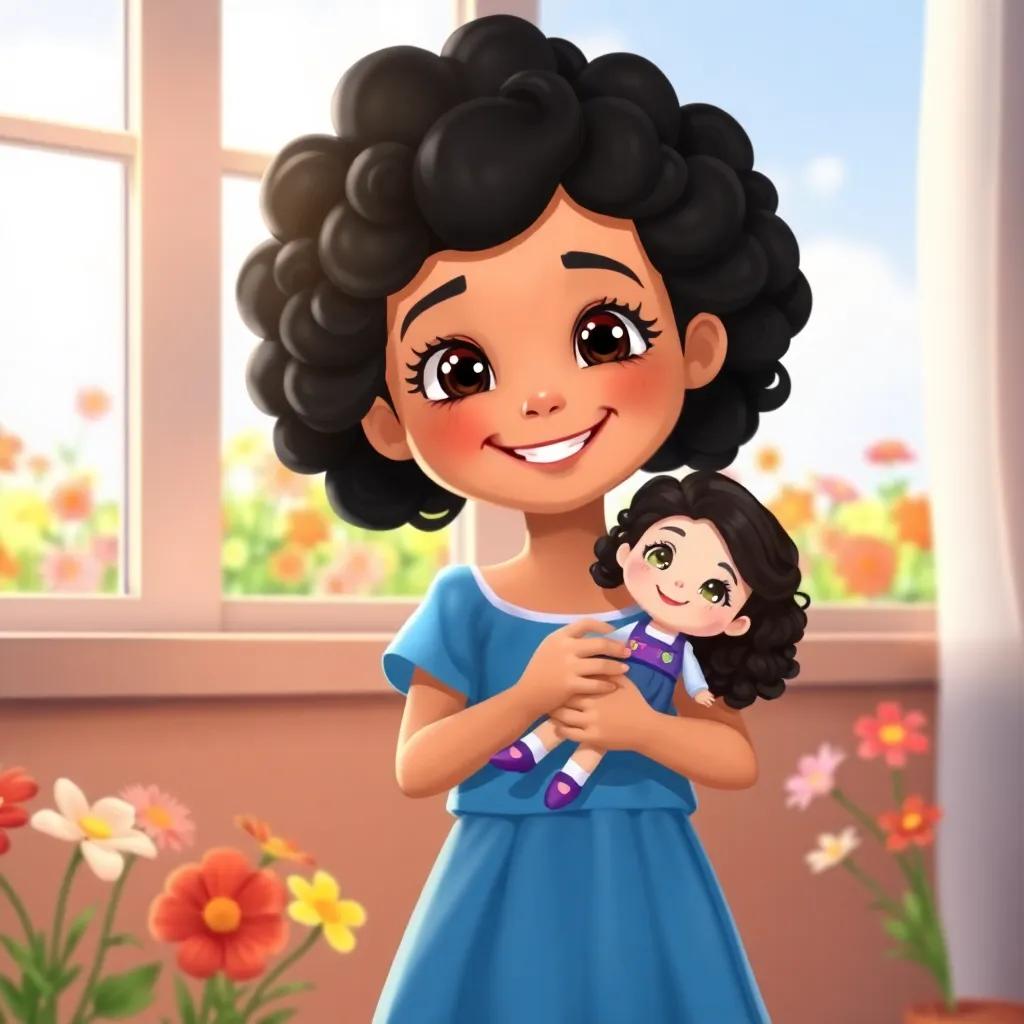 A cheerful six-year-old girl, Salma, with curly black hair in a blue dress, holding her favorite doll, standing near a window with bright sunlight, surrounded by colorful flowers in the garden outside, joyful ambiance, clear and bright illustration, child-friendly