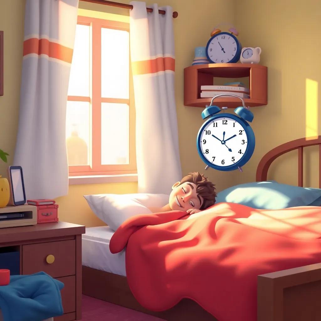 A bedroom with a young Arab boy sleeping in a messy bed, an alarm clock ringing loudly, sunlight streaming through the window, digital art, bright colors, cheerful atmosphere, high quality