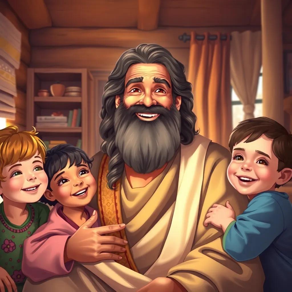 Prophet Job, with an encouraging smile, surrounded by joyful children, illustrating patience and faith in a cozy, vibrant home, soft light, uplifting colors, heartwarming scene, digital painting, high-quality