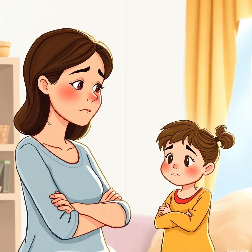 An affectionate mother's face as she speaks to her stubborn son, the boy is frowning with crossing arms while the sister looks curious, indoors with soft light, nurturing environment, deep sense of family.