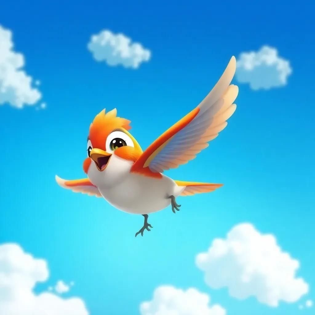 A small bird, Rish, with bright feathers flying in a blue sky, surrounded by fluffy white clouds, looking joyful and adventurous, digital art, vibrant colors, cheerful atmosphere, high quality