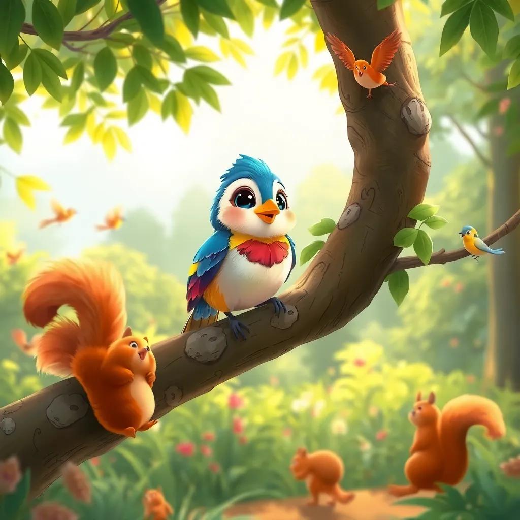 Rish, the small bird, with colorful feathers, perched happily on a tree branch in a beautiful forest, surrounded by friendly squirrels and chirping birds, lush greenery, warm light, inviting scene, detailed illustration
