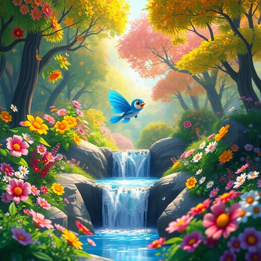 Rish, flying over a sparkling small waterfall in a colorful forest, vibrant flowers blooming all around, showcasing nature's beauty, bright sunny day, whimsical atmosphere, vibrant colors, high-quality illustration