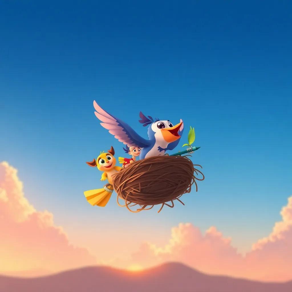 Rish flying back to his nest, with his friends following him, under a clear blue sky, celebrating their friendship and adventure, warm sunset glow, child-friendly cartoon style, bright colors, heartwarming scene