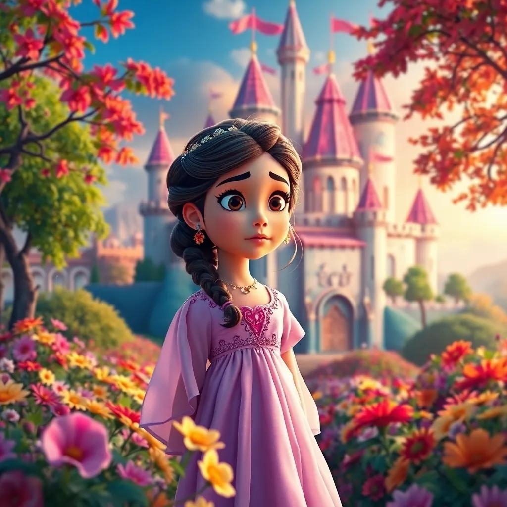 A beautiful castle surrounded by colorful flowers and trees, with a young Arab princess in a lovely dress, looking sad and silent, vibrant colors, warm light, inviting atmosphere, high quality