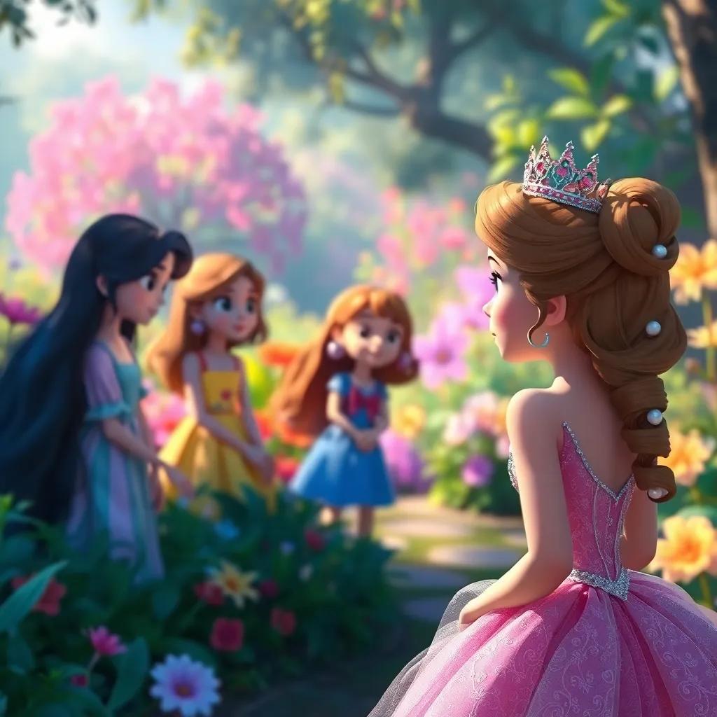 The princess watching the three girls from a distance, feeling curious and a bit lonely, colorful garden background, soft light, emotional atmosphere, high quality