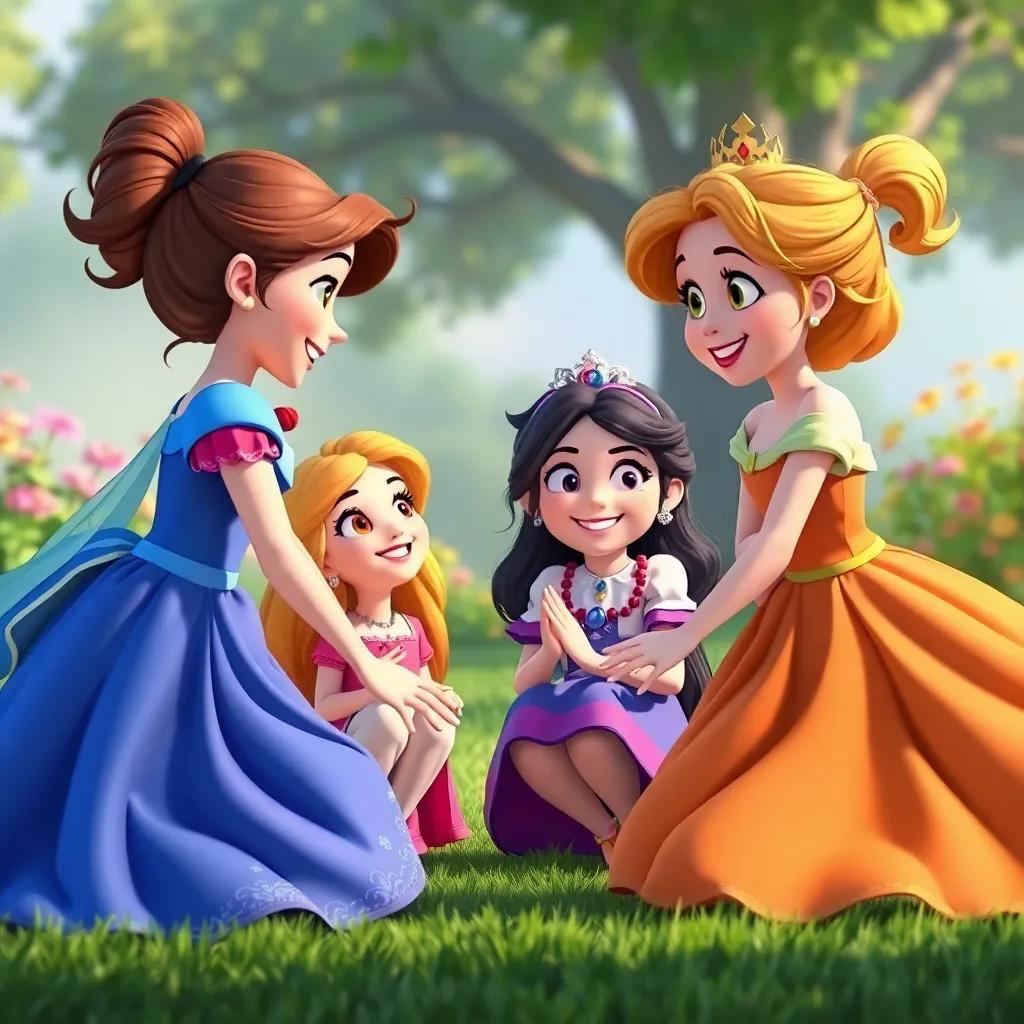 The girls inviting the princess to join their game, with bright smiles, showing friendship and joy, playful colors, dynamic composition, high quality