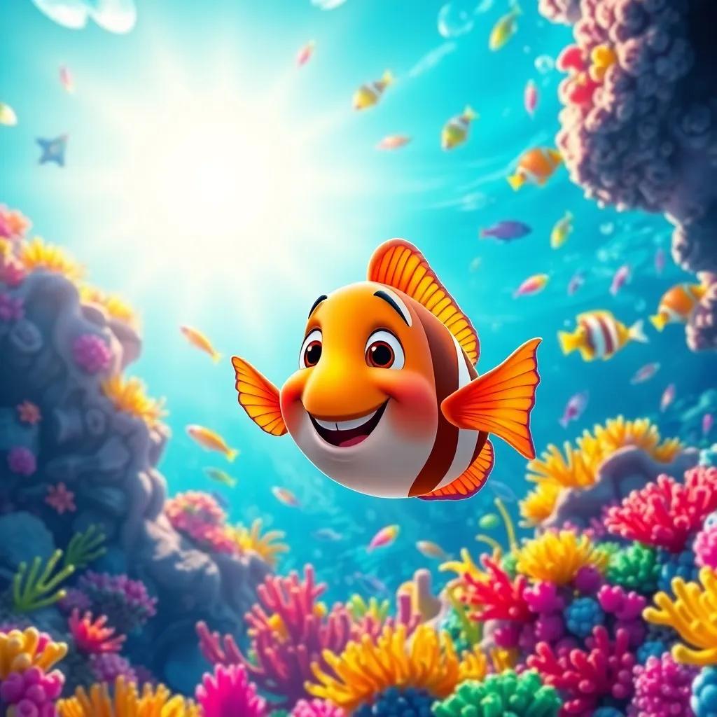 A small fish, Mimo, swimming joyfully in vibrant coral reefs filled with colorful fish and plants, bright sunlight shining through the water, cheerful atmosphere, digital art, bright colors, playful scene, high quality