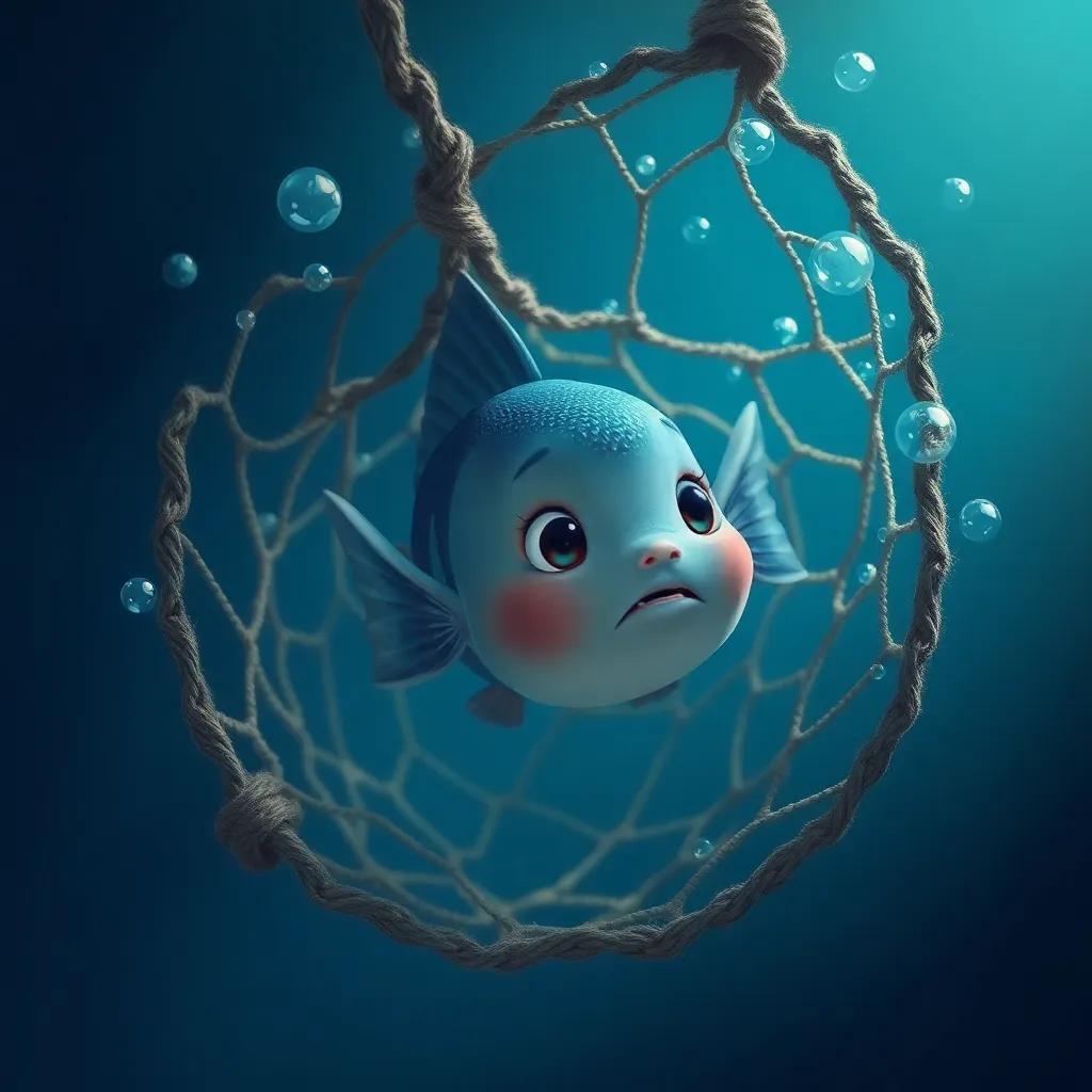 Mimo, the small fish, caught in an old fishing net, surrounded by deep blue waters and bubbles rising around her, feeling scared and lonely, realistic illustration, somber mood, emotional depth