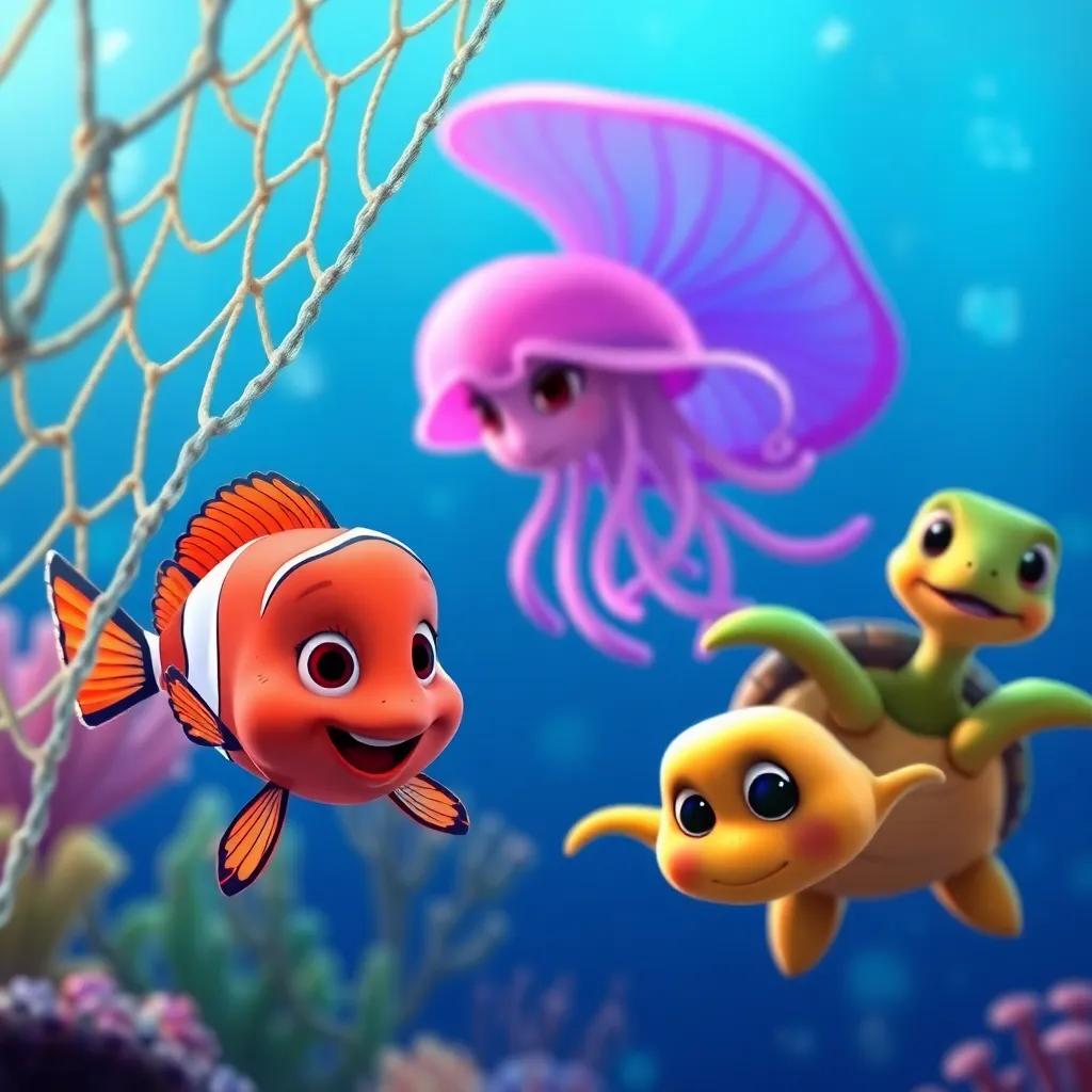 Mimo, the small fish, along with Zuzu the jellyfish and Lola the turtle, working together to free Mimo from the net, depicting teamwork and courage, colorful underwater scene, dynamic action, vibrant hues