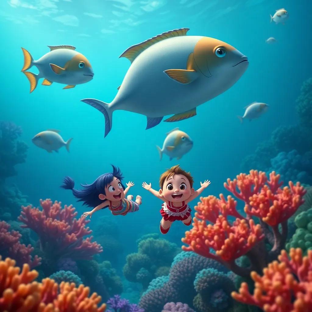 Mimo and her friends swimming deeper into the ocean, encountering large, beautiful fish and vibrant coral formations, adventurous atmosphere, engaging visuals, exciting discoveries, high quality