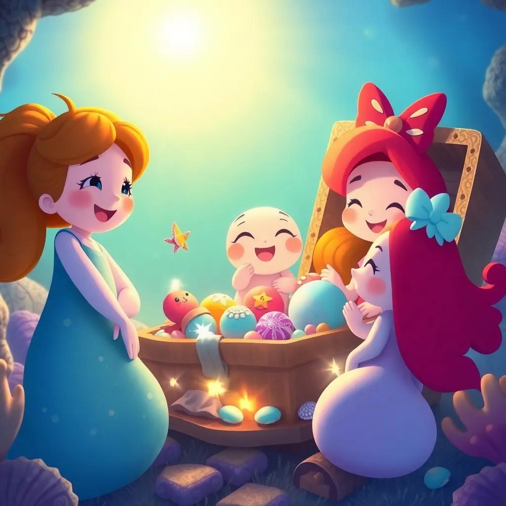 Mimo and her friends celebrating together around a treasure chest filled with shiny shells and sparkling items, under a warm, inviting ocean light, joyful gathering, colorful and heartwarming, high-quality art
