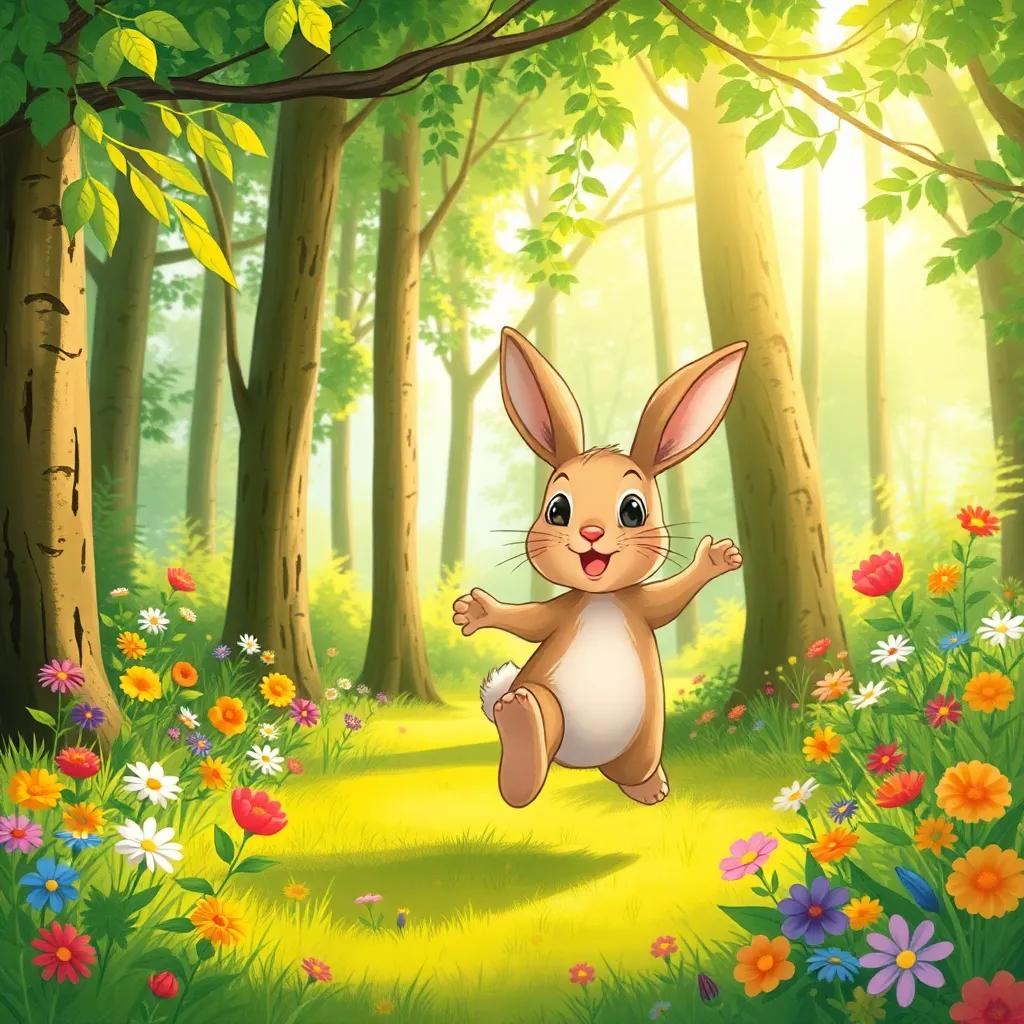 A small brown rabbit hopping joyfully in a lush green forest, surrounded by tall trees and colorful flowers, bright sunlight filtering through the leaves, cheerful atmosphere, detailed illustration, vibrant colors